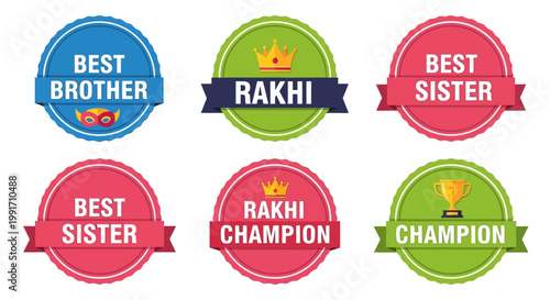 Set of colorful circular badges for Raksha Bandhan festival celebrations.