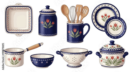 Set of kitchenware with floral tulip pattern