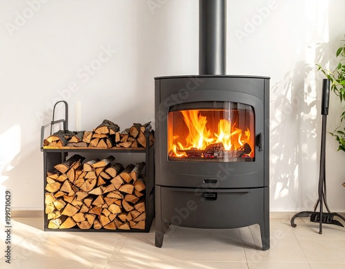 A burning fireplace with stacked firewood beside it