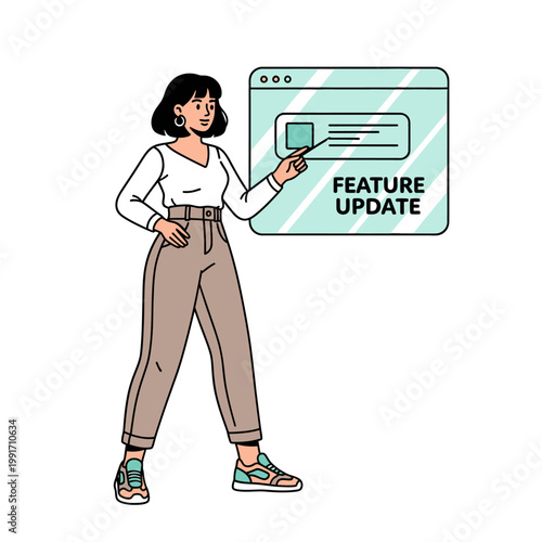 A woman pointing to a feature update on a computer screen