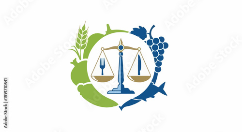 A balanced scale holds a fork and knife, surrounded by diverse foods and produce in a circular motif