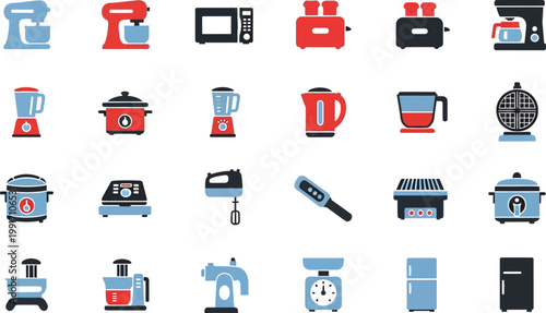 Collection of various kitchen appliances and utensils illustrated in a pixel art style Vector