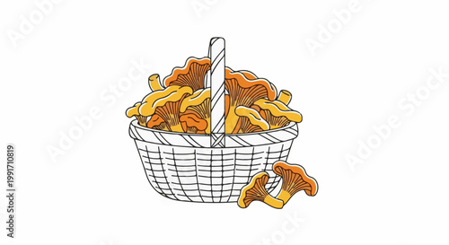 A basket overflowing with bright orange mushrooms, with two mushrooms spilling out