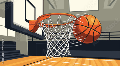 A basketball flies into a net on an indoor court