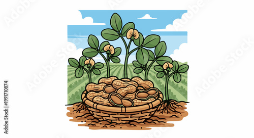 A basket overflows with peanuts from plants growing in a field under a cloudy sky