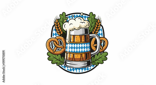 A Bavarian-themed illustration featuring a frothy beer mug, pretzels, and wheat