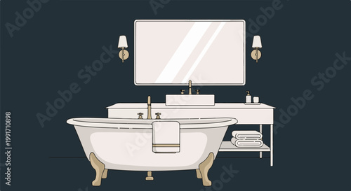 A bathroom with a tub, sink, mirror, and towels