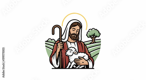A bearded figure with a halo, holding a lamb and staff in a pastoral landscape