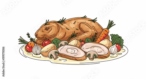 A beautifully illustrated roasted bird with vegetables on a platter, ready to serve