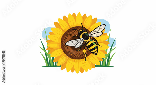 A bee rests on a bright yellow sunflower, surrounded by green grass and blue sky accents