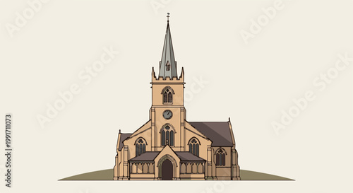 A beige church with a tall, pointed spire, a clock tower, and arched windows