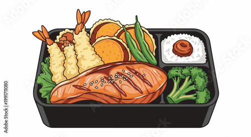 A bento box filled with grilled salmon, tempura shrimp, rice, broccoli, and other vegetables