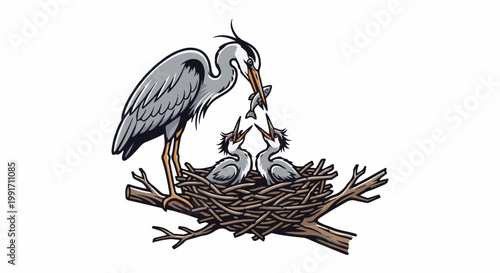 A bird feeds fish to its chicks in a nest on a branch