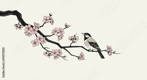 A bird rests on a branch with delicate pink blossoms against a pale background