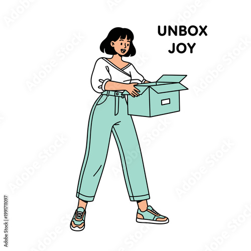A woman unboxes a box with joy