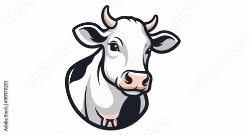 A black and white cow head with pink nostrils and horns