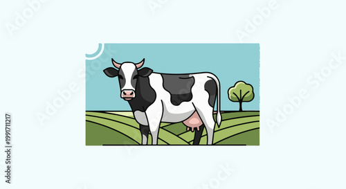 A black and white cow stands on a green hill under a blue sky with a single tree
