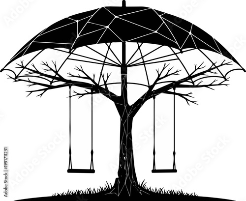 Conceptual Silhouette of a Tree with Swings Under a Geometric Umbrella Canopy Metaphor for Protection and Childhood Safety Vector Illustration