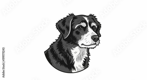 A black and white drawing of a dog's head with expressive eyes and a fluffy mane