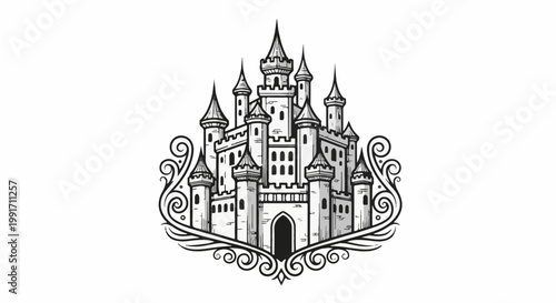A black and white drawing of a grand castle with ornate swirling decorations
