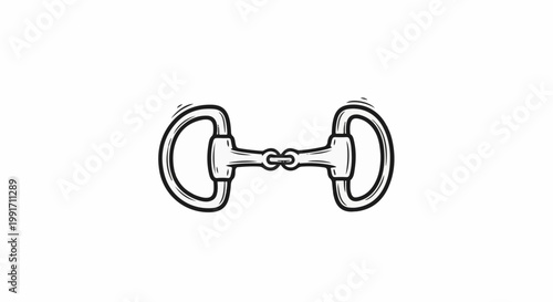 A black and white drawing of a horse's metal bit, designed for control and training