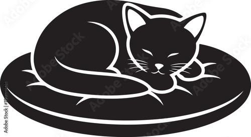 A relaxed cat curled up inside a stylish top hat silhouette. silhouette vector icon