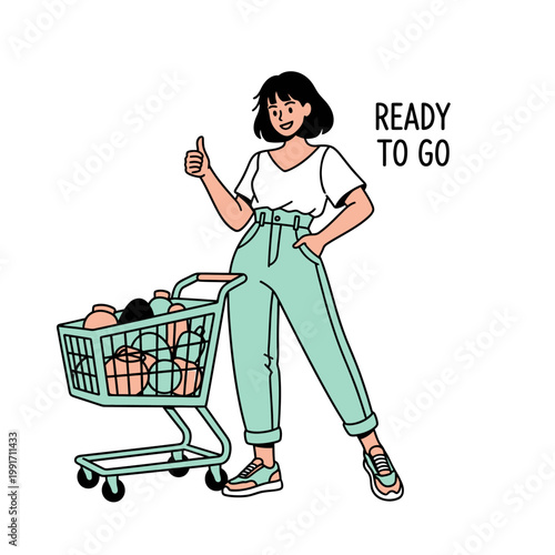 A woman with a shopping cart and a thumbs up