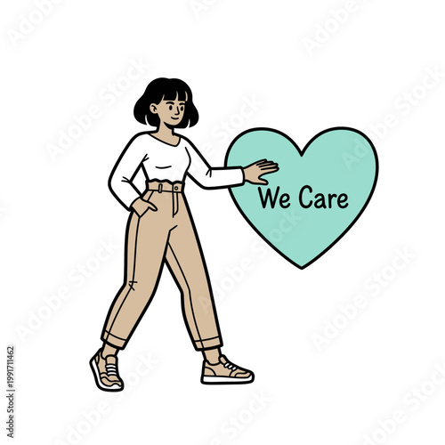 A woman shows a heart with the words 'we care'