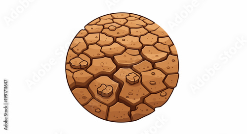 A circular cracked dry earth texture with polygonal shapes and small bumps