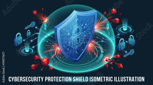 A cybersecurity protection shield isometric illustration with a blue shield and padlock surrounded by red virus particles and blue circuit elements on a dark background