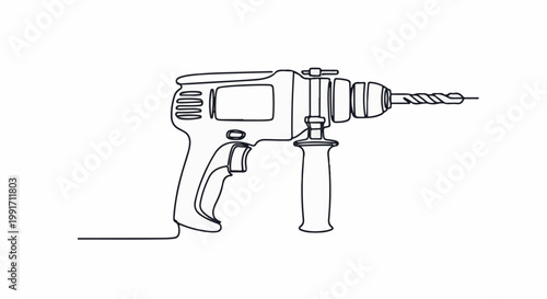 A black and white line drawing of a power drill with a drill bit