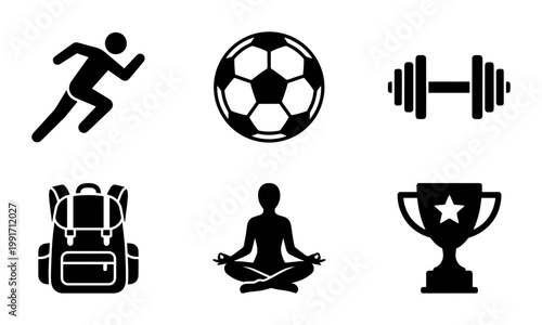 Minimalist sports and fitness icons set, black silhouette athletic symbols, 6 vector elements for gym and wellness branding, flat style workout graphics