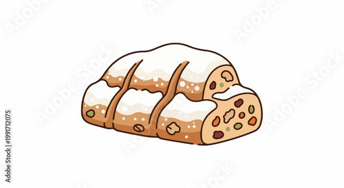 A cartoon illustration of a fruitcake with powdered sugar dusting