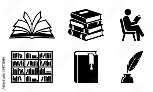 Minimalist book icon set, black and white library symbols, collection of 6 education vectors, reader and bookshelf graphics for academic design