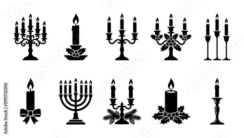 Vintage candelabra and candle icons, 10 black silhouette candle holders with flames, elegant holiday menorah and chandelier vector set for decor
