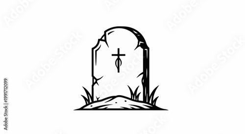 A black and white line drawing of a tombstone with a cross symbol