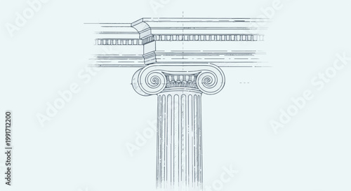 A classical Ionic column capital and entablature are rendered in a sketch style