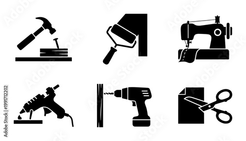 DIY craft tools icon set, black silhouette hardware and workshop equipment, 6 vector icons for renovation and handmade projects