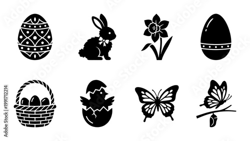 Easter holiday icon set, black silhouette spring symbols with bunny and eggs, 8 vector elements featuring chick and butterfly for seasonal design