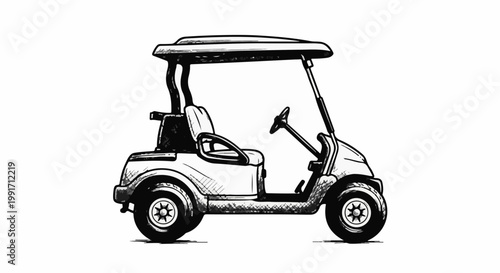 A black and white sketch of a golf cart with two seats and a canopy