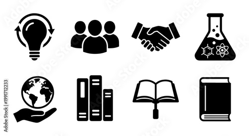 Minimalist business and education icon set, black vector symbols for innovation and learning, 8 professional web icons for corporate presentations