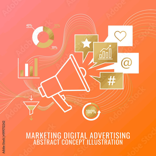 A vibrant digital marketing illustration showcasing various advertising concepts and strategies.