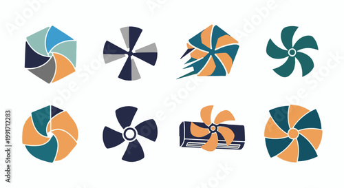 A collection of stylized fan icons and abstract circular propeller shapes in various color palettes