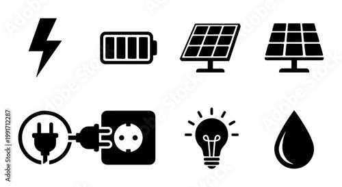 Renewable energy icon set with solar panels and battery. Sustainable power symbols including electric plug, lightbulb, and water drop. Vector collection of 8 green energy icons.