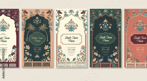 Collection of elegant wedding invitation templates with traditional indian floral motifs, intricate borders, peacock illustrations, and ornate architectural arches