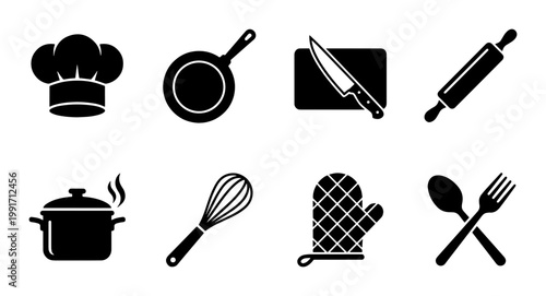 Minimalist kitchen icons set, black culinary utensil silhouettes, 8 cooking equipment vector symbols for restaurant menu and food blog design