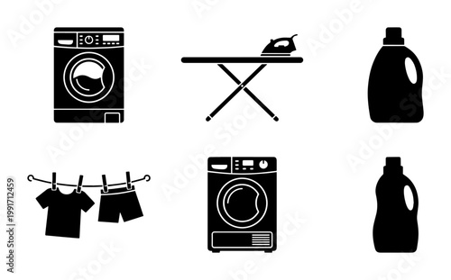 Laundry service icon set, washing machine and dryer silhouettes, ironing board and detergent bottles, 6 black vector elements for housekeeping