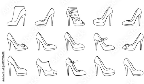 High heel shoe line art vector set elegant fashion footwear outline collection
