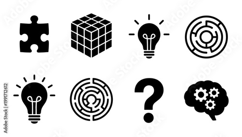 Problem solving icon set, black logic and strategy symbols, 8 vector elements for brain training and creative thinking concepts