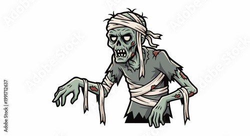 A cartoon mummy with tattered clothes, bandages, and decaying flesh, with its arms outstretched